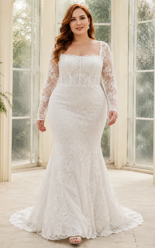 Robe de mariée sirène grande taille, coupe sirène, col carré structuré, manches longues en dentelle illusion et traîne chapelle