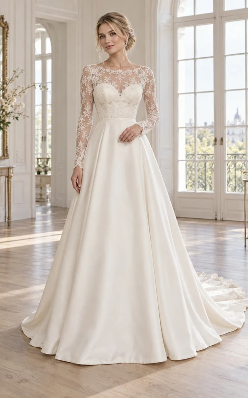 Brautkleid aus Satin mit hohem Kragen, langen Spitzenärmeln und A-Linien-Schnitt