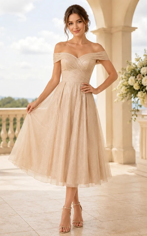 Robe midi courte en tulle champagne à épaules dénudées et manches courtes, coupe trapèze, pour petites tailles