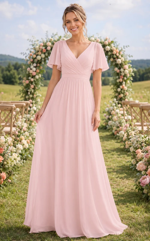 Robe de demoiselle d'honneur longue en mousseline rose poudré, col en V et manches papillon