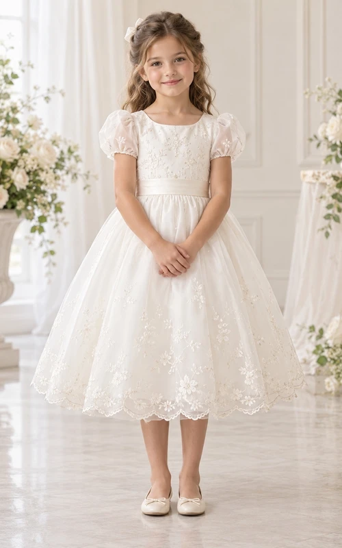 Tea-length Ivory A-line Lace Tulle Puff-sleeve Scalloped V-back Flower Girl Dress