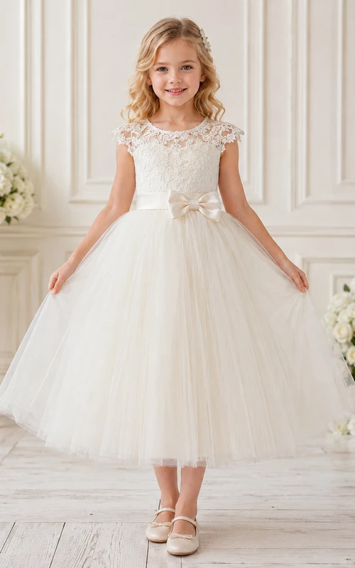 Robe élégante de demoiselle d'honneur, coupe trapèze, en tulle et dentelle, col rond, manches courtes et nœud, longueur thé.