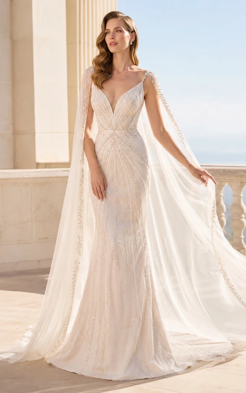 Robe de mariée fourreau en dentelle à col V, bretelles drapées, dos nu plongeant et traîne chapelle