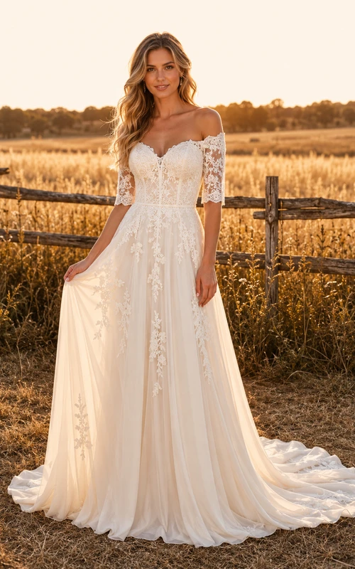 Robe de mariée champêtre en tulle, coupe trapèze, épaules dénudées, manches bouffantes, traîne chapelle, dos corset lacé