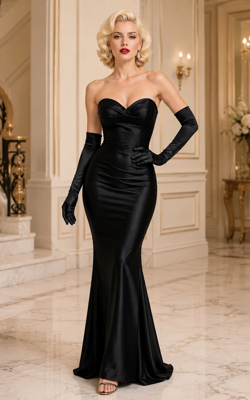 Black Sweetheart Long-Glove Ruched Mermaid Sweep-Train Formal Evening Gown