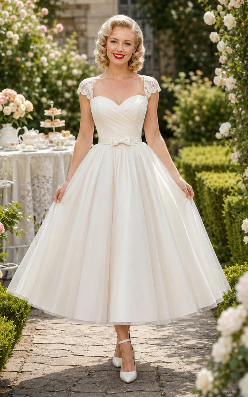 1950s Lace Cap Sleeve Tea Length Wedding Dress