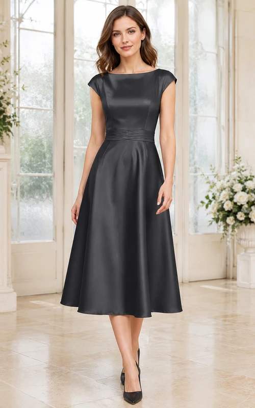 Charcoal Cap Sleeve Satin A Line Memorial Luncheon Dress