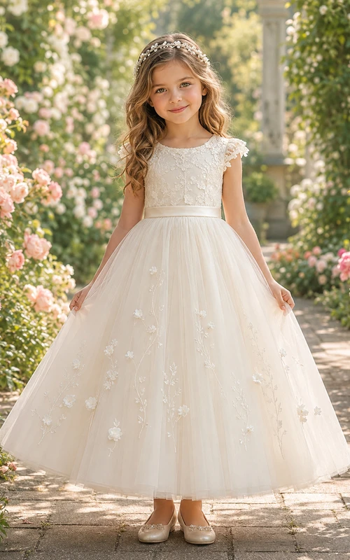 Blumenmädchenkleid aus elfenbeinfarbener Spitze und Tüll, A-Linie, kurze Ärmel, Rundhalsausschnitt, Teelänge, Schleife am Rücken