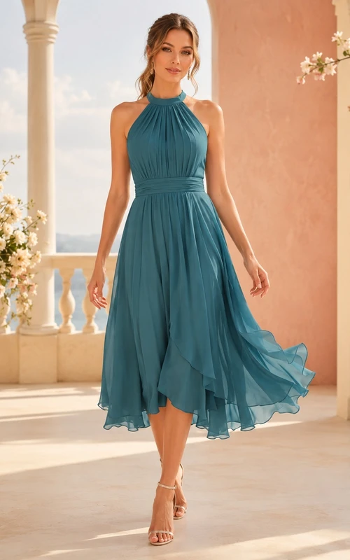 Himmelblaues, plissiertes Chiffon-Brautkleid mit Neckholder und asymmetrischem Saum in Midi-Länge