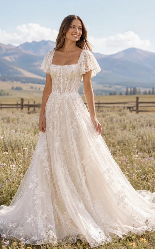 Robe de mariée champêtre en dentelle, coupe trapèze, décolleté cœur, manches papillon, traîne, dos nu en V