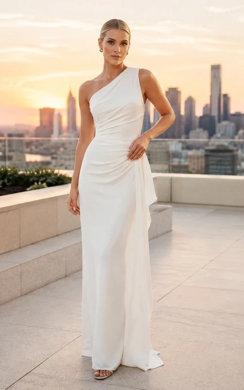 Vestido de noche blanco moderno de satén sin mangas, de un solo hombro y corte recto hasta el suelo.