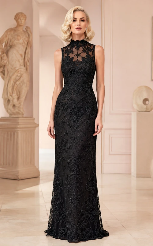 Vestido de noche formal ajustado, largo hasta el suelo, sin mangas, con cuello alto y encaje floral negro