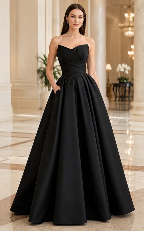 Black Strapless Satin Ball Gown Floor Length Elegant Evening Formal Dress