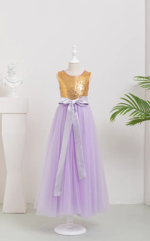 Zweifarbiges, rundum Ausschnitt-Tüllkleid im Empire-Stil mit A-Linien-Schnitt und Schleife für Blumenmädchen