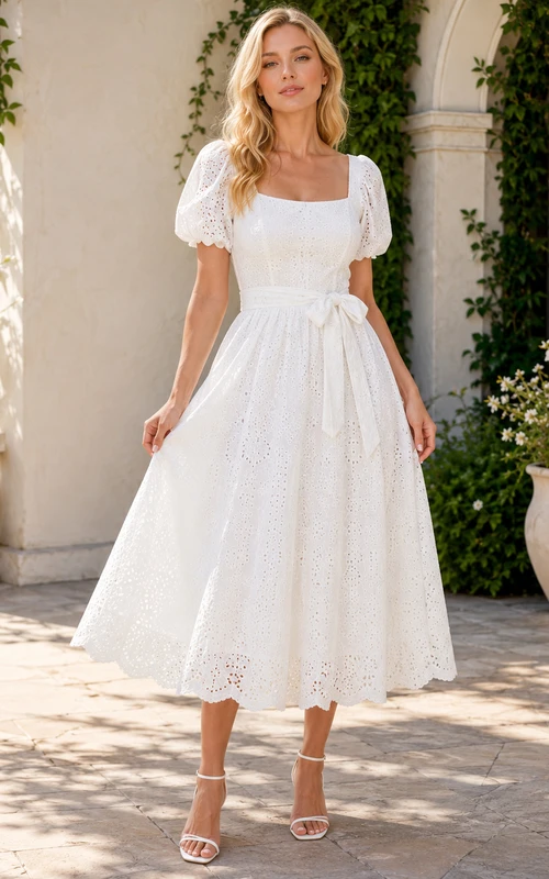 Vestido de cóctel de boda Tea Vintage con escote cuadrado, mangas abullonadas, encaje calado, corte en A y lazo lateral.