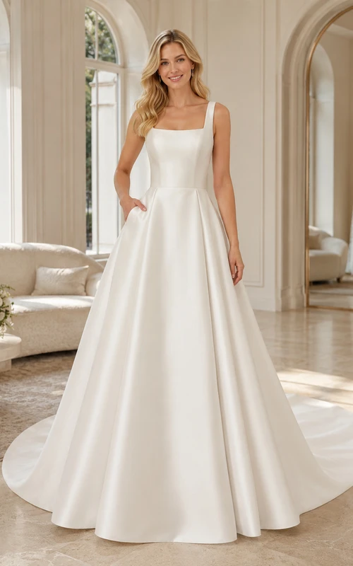 Robe de mariée moderne en satin simple, col carré, coupe trapèze et traîne chapelle