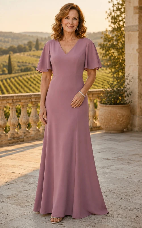 Altrosafarbenes Meerjungfrauen-Kleid mit V-Ausschnitt, flatternden Ärmeln und Muttermotiv