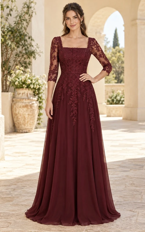 Vestido largo de dama de honor color burdeos occidental con cuello cuadrado y mangas tres cuartos de encaje.