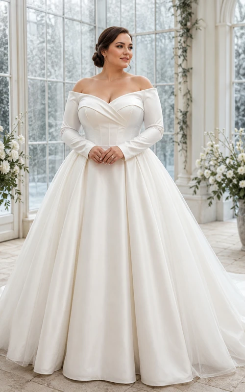 Vestido de gala de satén de manga larga con hombros descubiertos para bodas de invierno en tallas grandes.