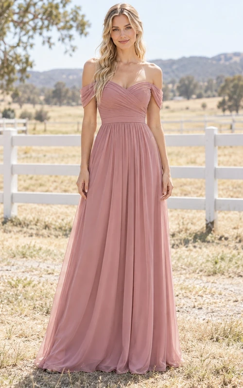 Vestido largo de dama de honor de gasa fruncida con hombros descubiertos, color rosa empolvado campestre, corte A.