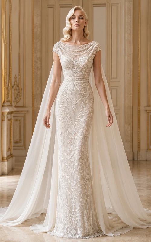 Robe de mariée fourreau en dentelle perlée à manches courtes et traîne courte, style cape, avec traîne courte et ourlet bateau.