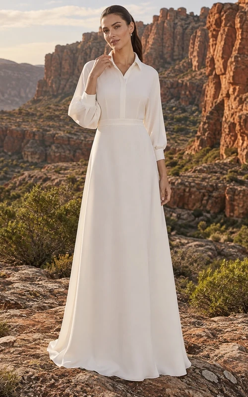 Vestido de novia sencillo y modesto de gasa con cuello, mangas tres cuartos, corte en A y largo hasta el suelo.