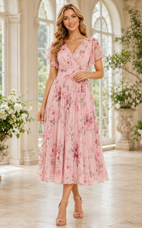 Robe d'invitée rose pâle à fleurs, col en V, manches courtes, longueur thé