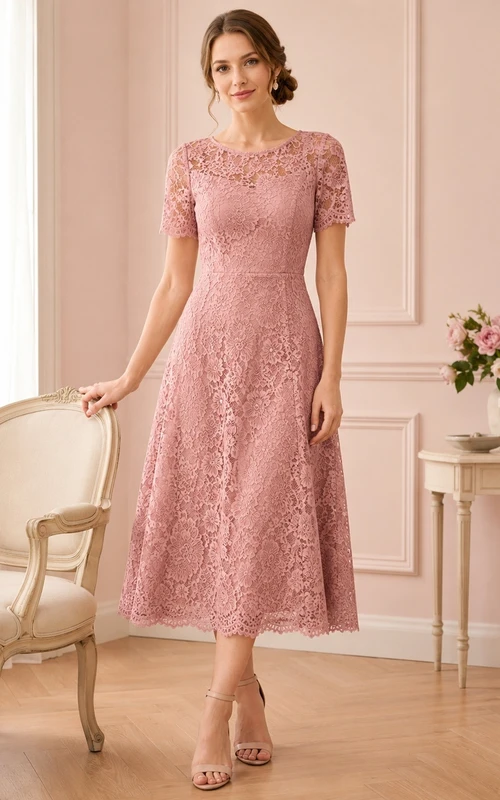 Robe cocktail mi-longue en dentelle florale rose poudré à manches courtes