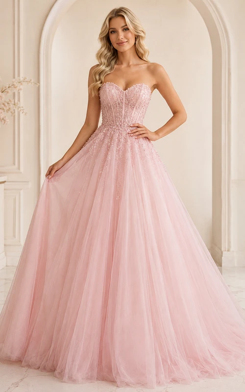 Blush Strapless Sweetheart Beaded Tulle Romantic Princess Formal Ball Gown