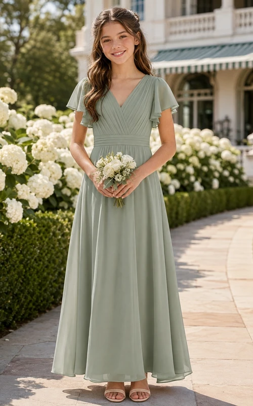 Celadonfarbenes Brautjungfernkleid für junge Damen, A-Linie, V-Ausschnitt, kurze Blütenblattärmel, elegant