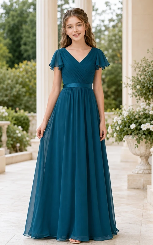 Vestido de dama de honor juvenil color verde azulado, corte en A, escote en V, manga corta, elegante y formal.