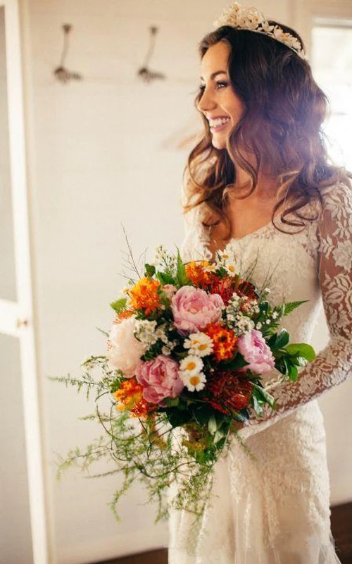 Romantic Bohemian Long Sleeves Sexy Deep V Neck Backless Lace Boho Wedding Dress