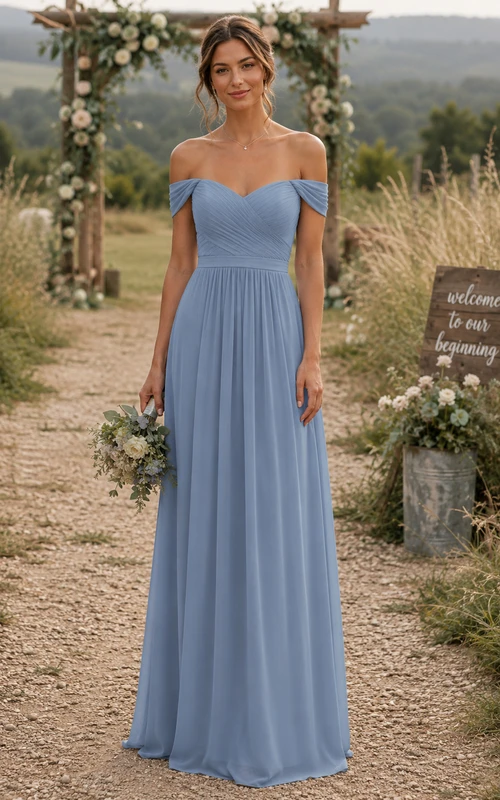 Vestido de dama de honor de gasa azul acero con escote Bardot y corte en A