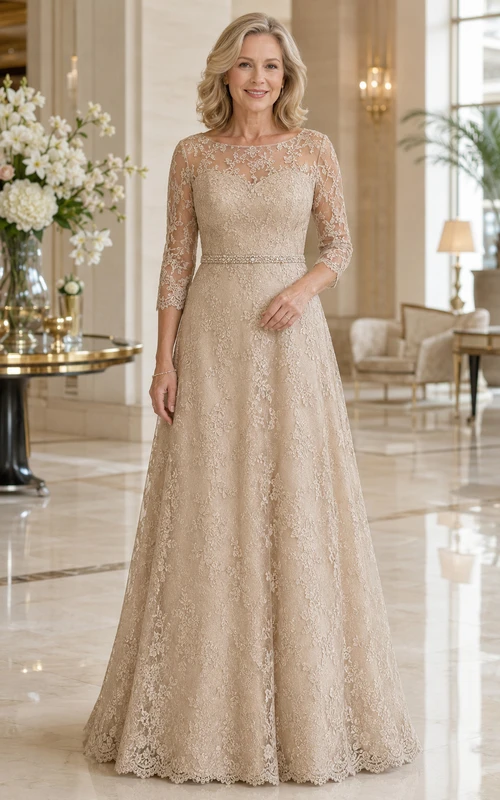Champagnerfarbenes, langärmeliges A-Linien-Spitzenkleid für Mütter