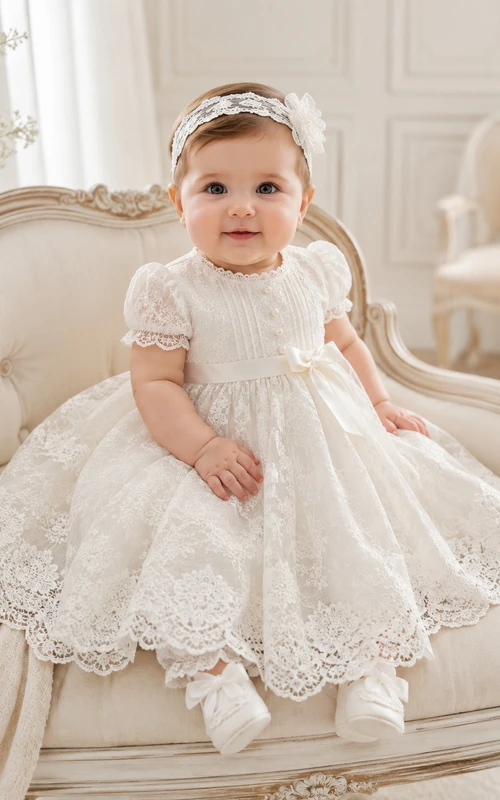Baby Baptism Christening Ceremony Dress A-Line Tea-Length Jewel Neck Cap Sleeve Tulle Lace Button Back Scalloped Hem