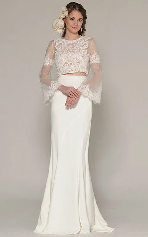 Robe de mariée en mousseline à manches cloche et décolleté plongeant, longue jusqu'au sol, ornée d'appliqués