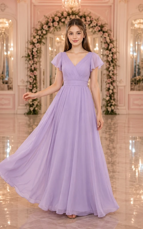 Lavendelfarbenes Brautjungfernkleid für junge Damen, A-Linie, V-Ausschnitt, kurze Blütenblattärmel, Falten-Detail, elegant