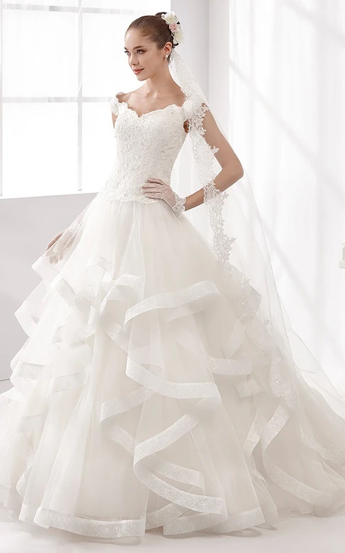 Cap-Sleeve A-Line Wedding Dress With Cascading Ruffles And Lace Corset