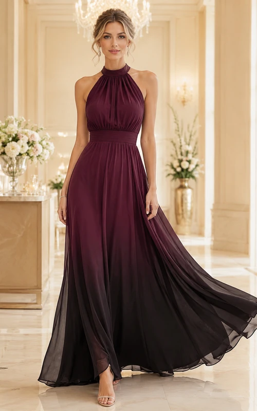 Vestido de invitada largo hasta el suelo de gasa degradada con cuello halter color ciruela
