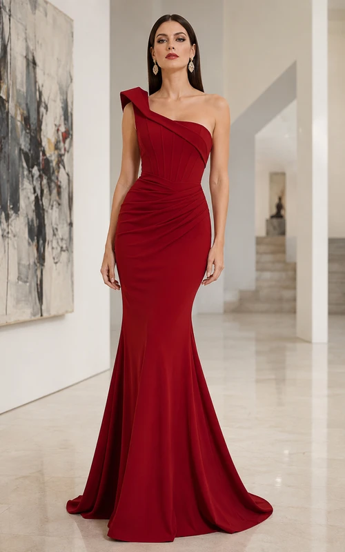 Vestido formal de sirena color burdeos con un solo hombro