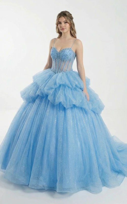 Himmelblaues Quinceañera-Abendkleid mit Spaghettiträgern und Rüschenrock aus Tüll