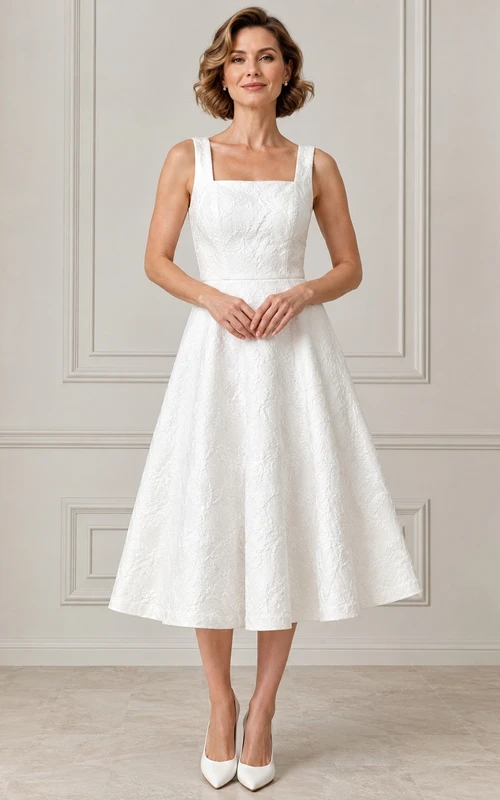 White Square Neck Strapped Vintage Textured Taffeta A-Line Tea-Length Formal Dress