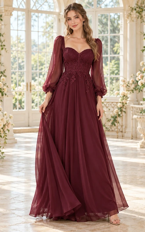 Boho Burgundy Long Sleeve Sweetheart Lace Chiffon A-Line Bridesmaid Dress