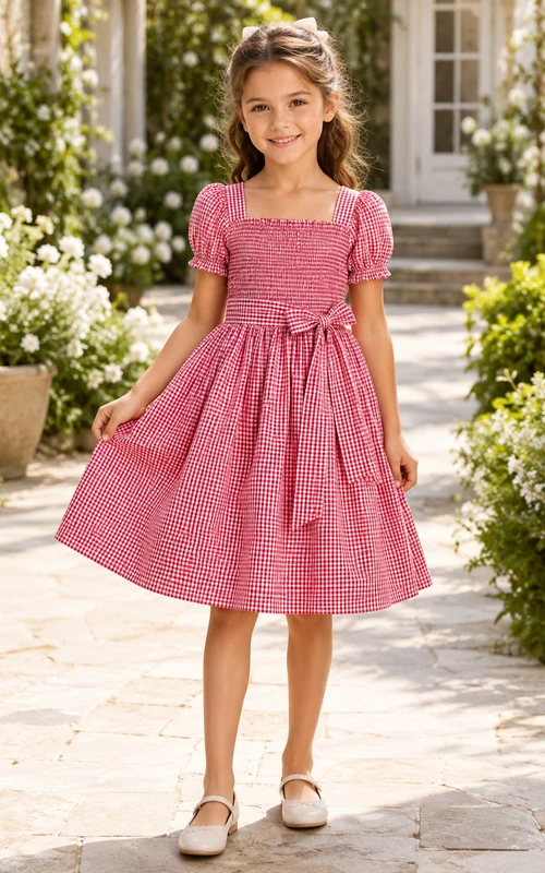 Watermelon Gingham A-Line Taffeta Flower Girl Dress, Short Sleeve Puff, Square Neck, Bow Sash, Knee-Length Garden