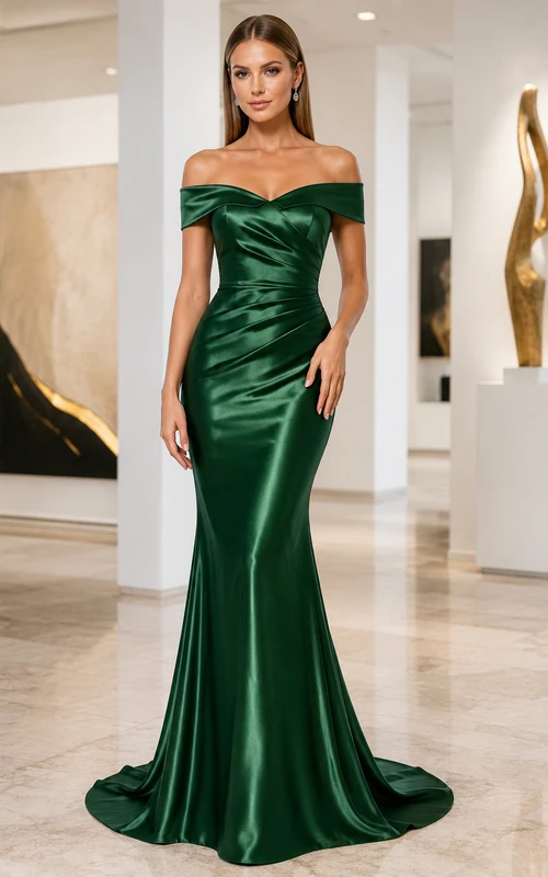 Dunkelgrünes schulterfreies Meerjungfrauen-Abendkleid aus Satin, das elegante Abendkleid aus Satin ist