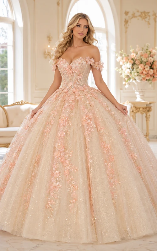 Vestido de gala de princesa para quinceañera, color champán melocotón, de lujo, con hombros descubiertos y bordados florales,