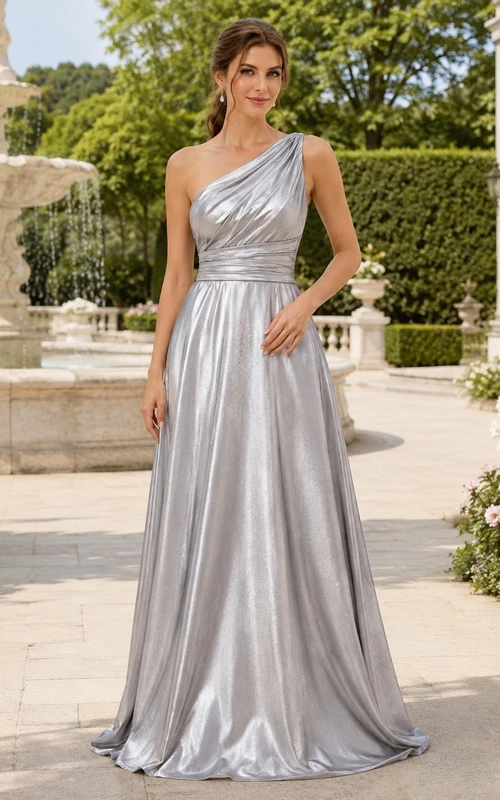 Silver Evening Dress A-Line Satin One-Shoulder Draped Elegant Luxury Gown