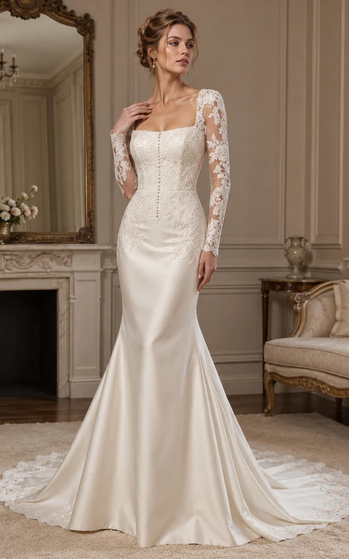 Robe de mariée sirène en satin poli et dentelle, col carré, manches longues, traîne chapelle, manches fleuries, idéale pour la réception.