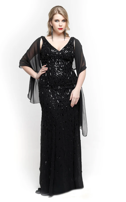 Langes, ärmelloses Etuikleid mit V-Ausschnitt, Perlenbesatz und Chiffon-Cape