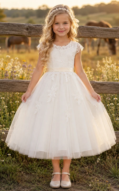 Blumenmädchenkleid in A-Linie mit kurzem Ärmel, Rundhalsausschnitt, knielangem Rock und Schleifendetail aus Tüll und Spitze am Oberteil.